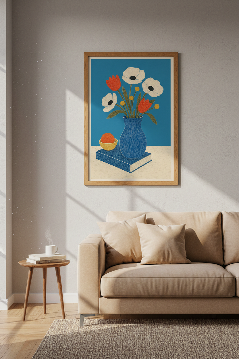 Floral Still Life | Mid Century Modern Blue Vase, Kitchen Living Room Wall Art