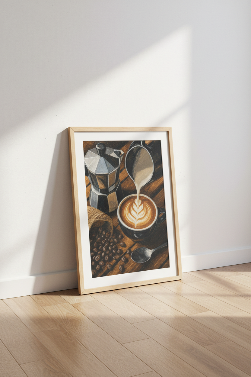 Coffee Latte Art Oil Painting | Kitchen Wall Decor, Rustic Cafe Poster