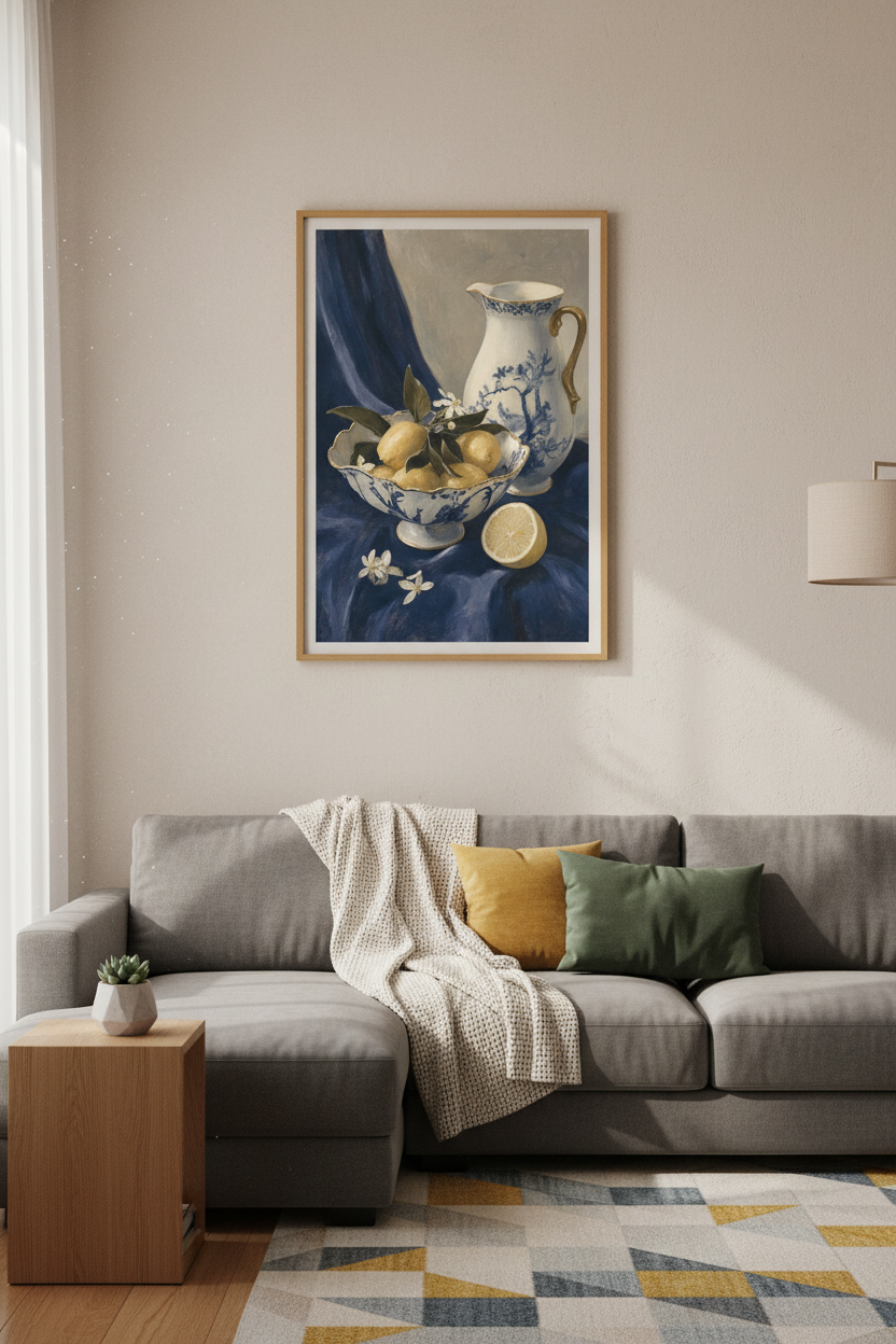Lemon Still Life Wall Art | Blue and White Chinoiserie Poster, Kitchen Decor
