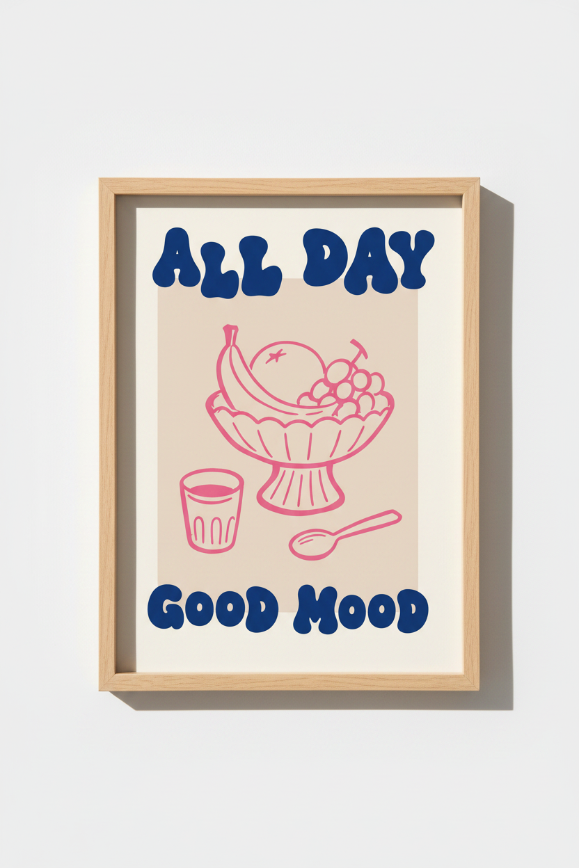 Retro Kitchen Poster | Pink and Blue Fruit Bowl Wall Art | Aesthetic Dining Room Decor