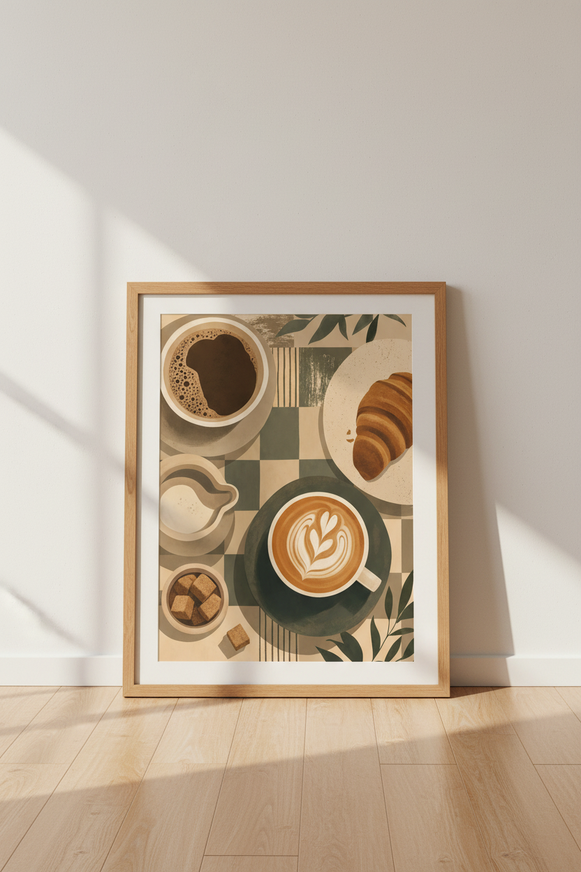 Coffee & Croissant Wall Art | Sage Green Kitchen Decor | Modern Cafe Poster
