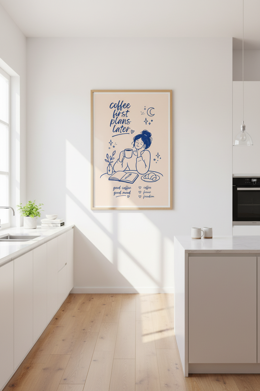 Coffee Bar Wall Art Print | Navy Blue Kitchen Decor | Minimalist Aesthetic Poster