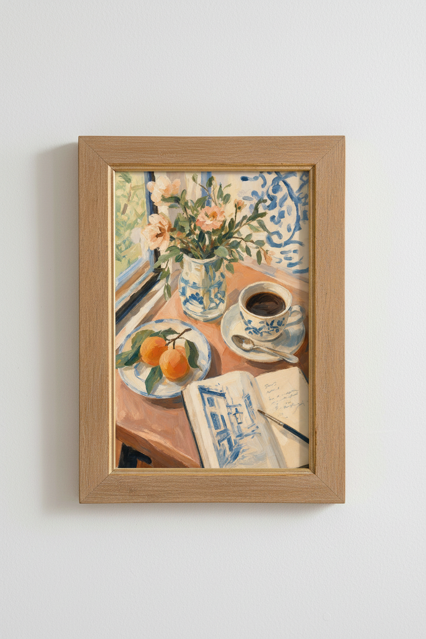 Morning Coffee & Peaches Paint | Blue White Ceramic, Kitchen Wall Art Decor