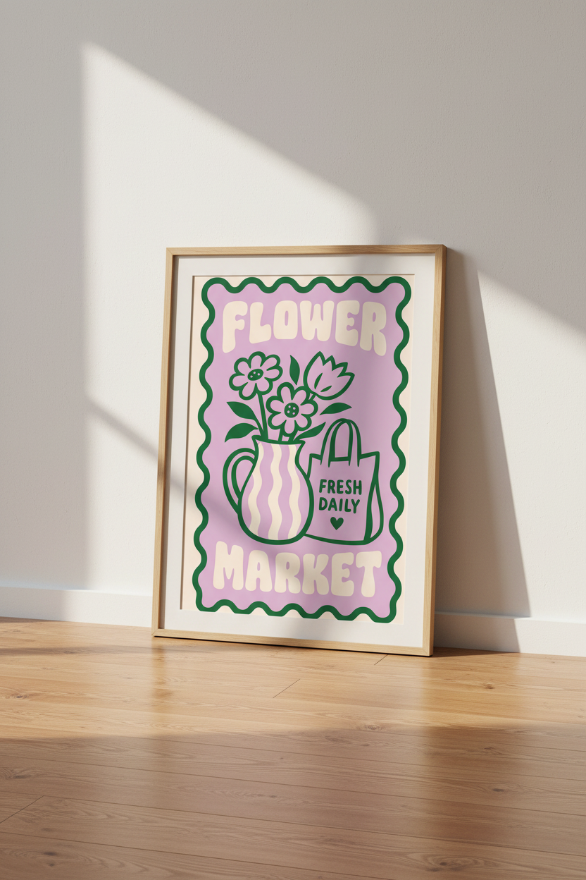 Retro Flower Market Poster | Purple & Green Floral Decor | Danish Pastel Wall Art