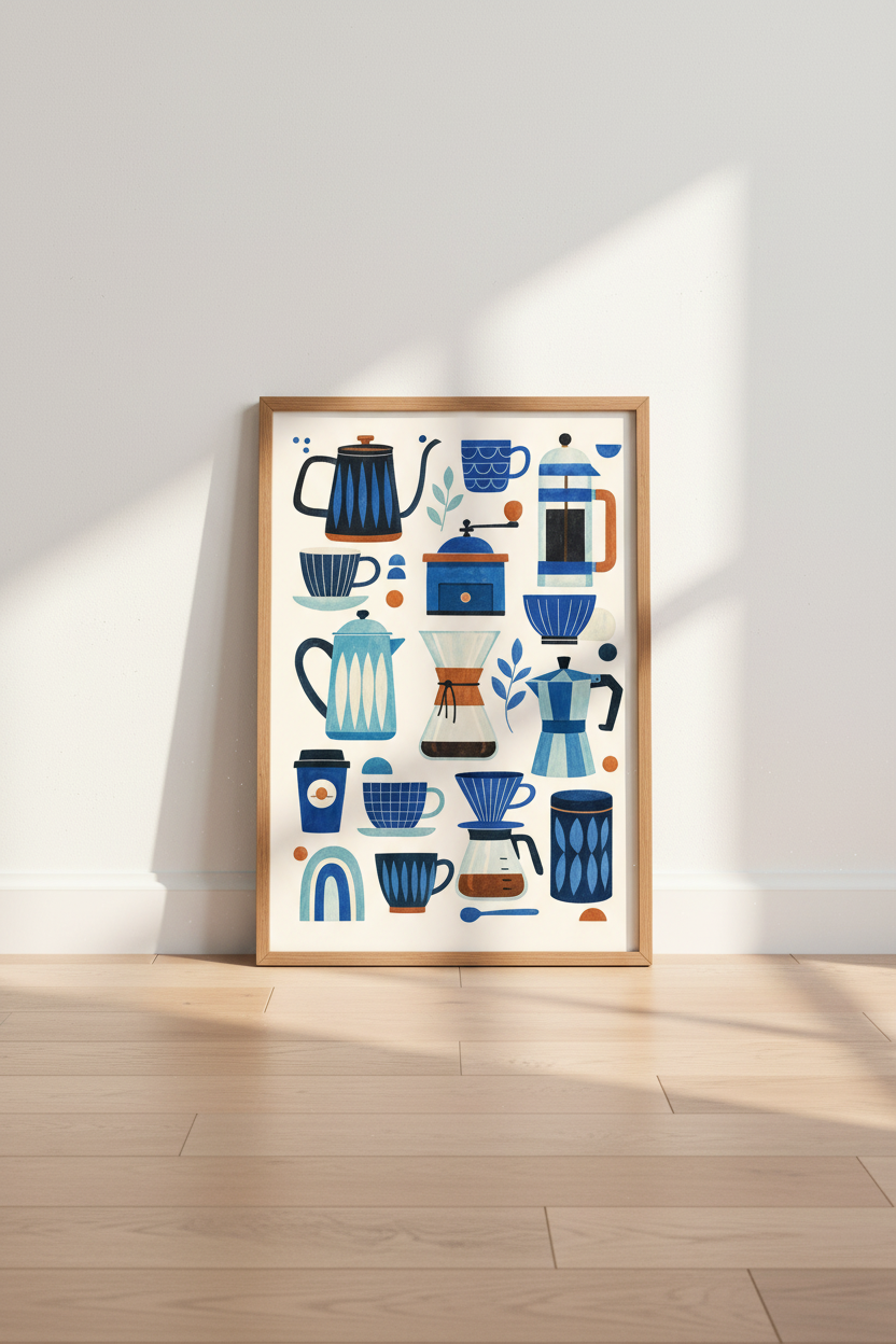 Mid-Century Coffee Gear Art | Blue Kitchen Wall Decor, Modern Brewing Poster