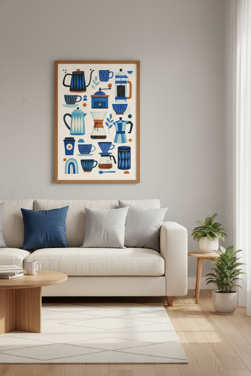 Mid-Century Coffee Gear Art | Blue Kitchen Wall Decor, Modern Brewing Poster
