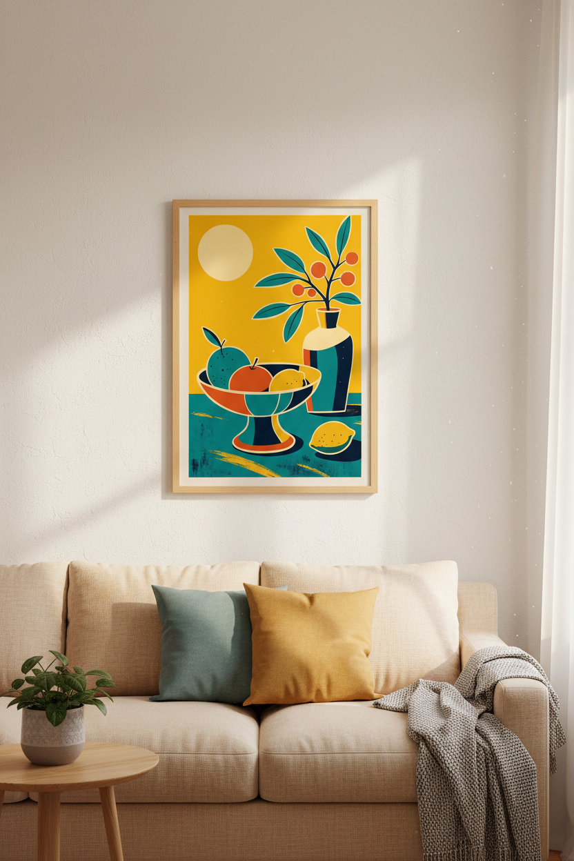 Modern Fruit Still Life Wall Art | Teal & Yellow MCM Decor, Kitchen Poster
