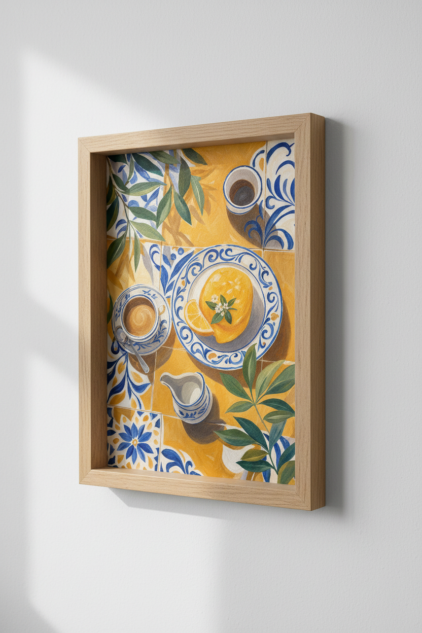 Mediterranean Lemon & Coffee Wall Art Print | Kitchen Decor | Italian Still Life Poster
