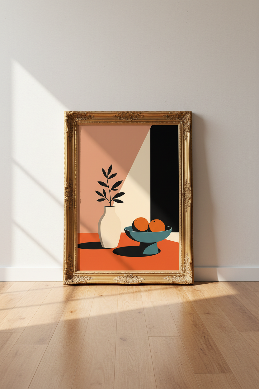 Minimalist still life poster | earthy tones, peach + teal, living room decor