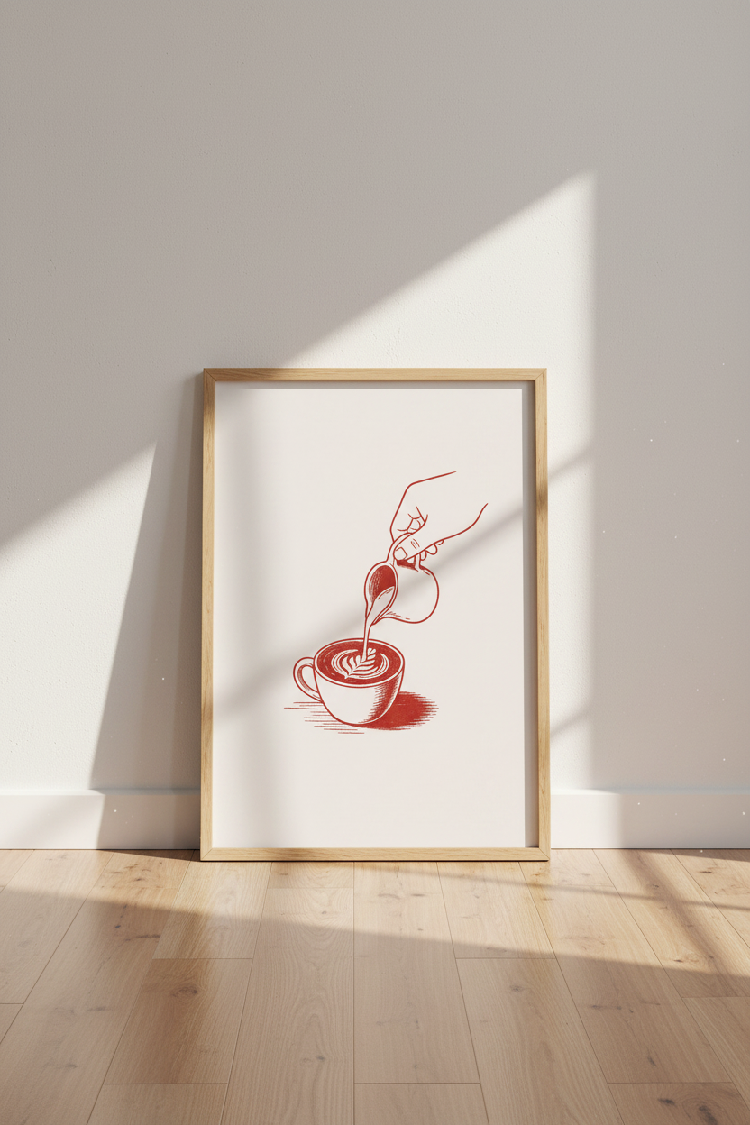 Coffee Latte Art Print | Minimalist Red Line Drawing, Kitchen & Cafe Decor