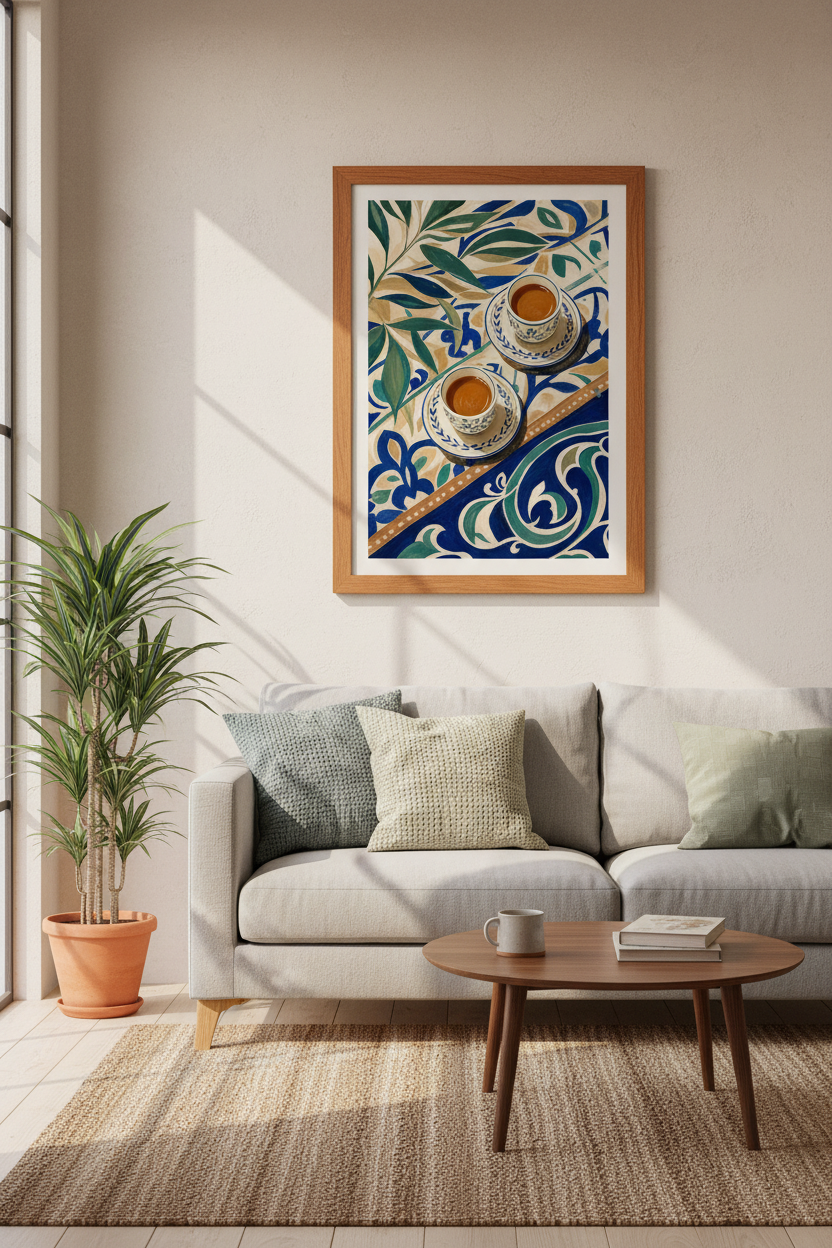 Turkish Coffee Art Print | Mediterranean Kitchen Decor | Blue Tile Poster