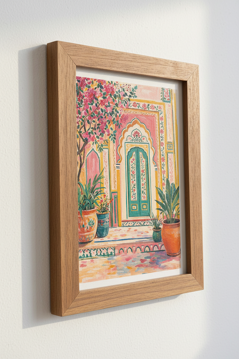 Indian Courtyard | Pink Floral Architecture Art, Vibrant Boho Living Room Poster