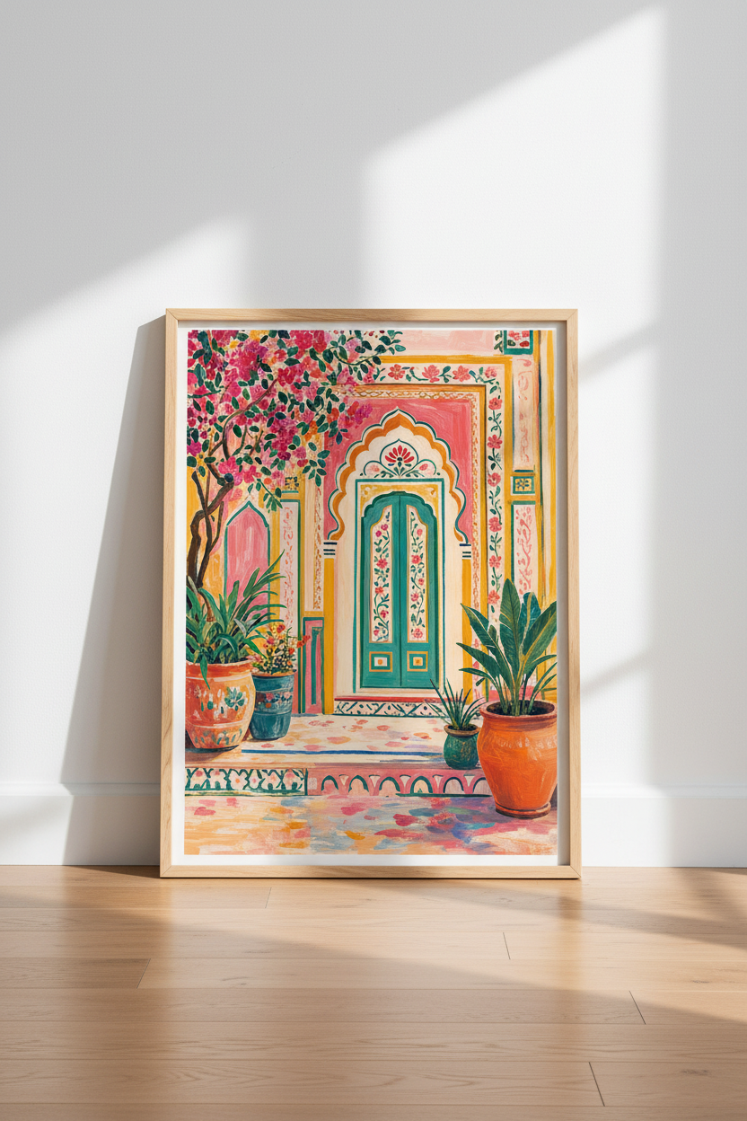 Indian Courtyard | Pink Floral Architecture Art, Vibrant Boho Living Room Poster
