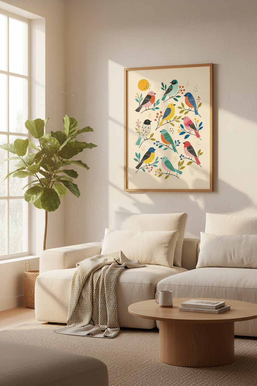 Folk Art Birds Wall Art Print | Colorful Nursery Decor | Mid Century Modern Poster