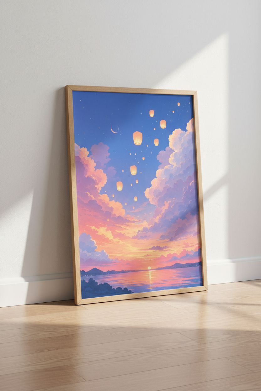 Anime Sky Lanterns Wall Art | Pastel Sunset Clouds Decor | Kawaii Aesthetic Poster