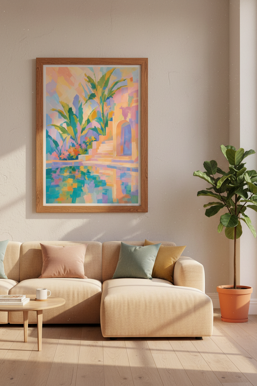 Abstract Tropical Poolside Art | Pastel Mediterranean Print, Boho Living Room Decor