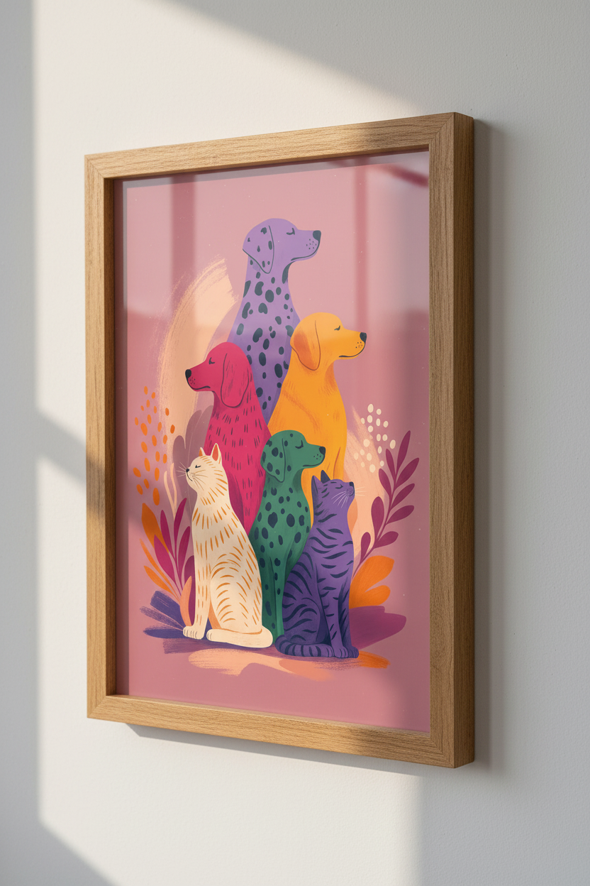 Colorful Cat and Dog Wall Art | Vibrant Pet Illustration, Modern Animal Decor
