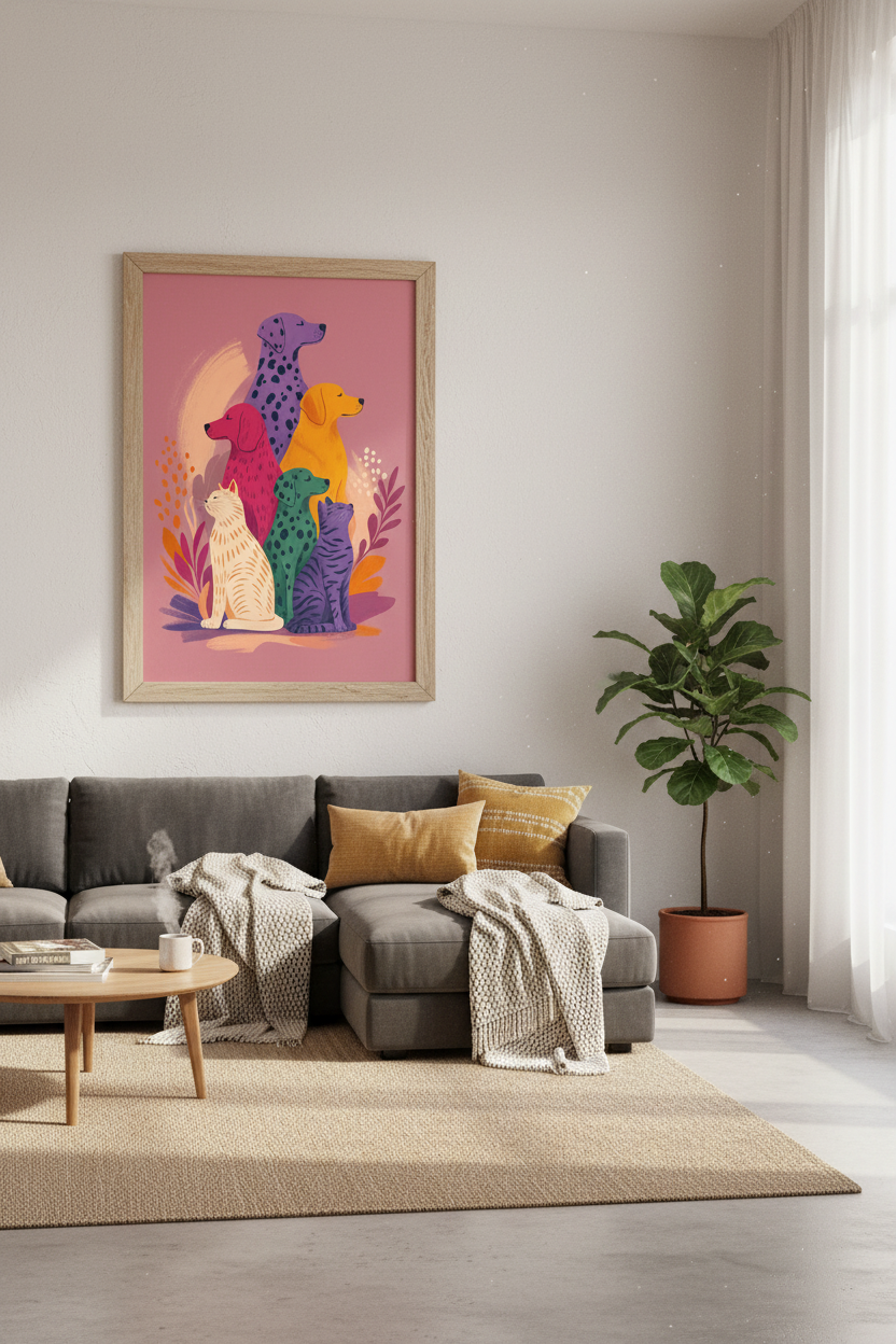 Colorful Cat and Dog Wall Art | Vibrant Pet Illustration, Modern Animal Decor