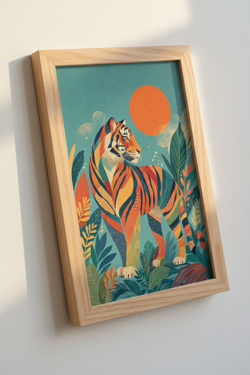 Tiger Jungle Wall Art Print | Modern Folk Animal Poster | Teal Orange Living Room Decor