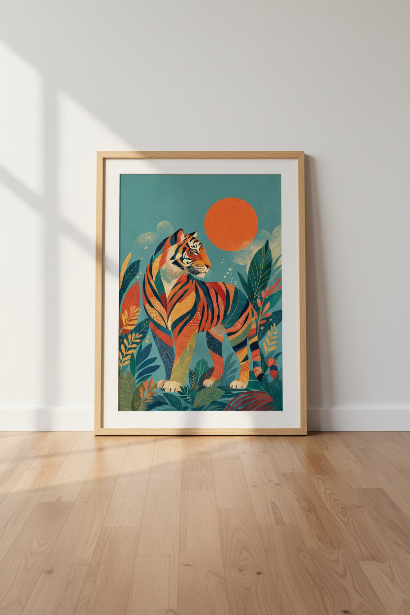 Tiger Jungle Wall Art Print | Modern Folk Animal Poster | Teal Orange Living Room Decor