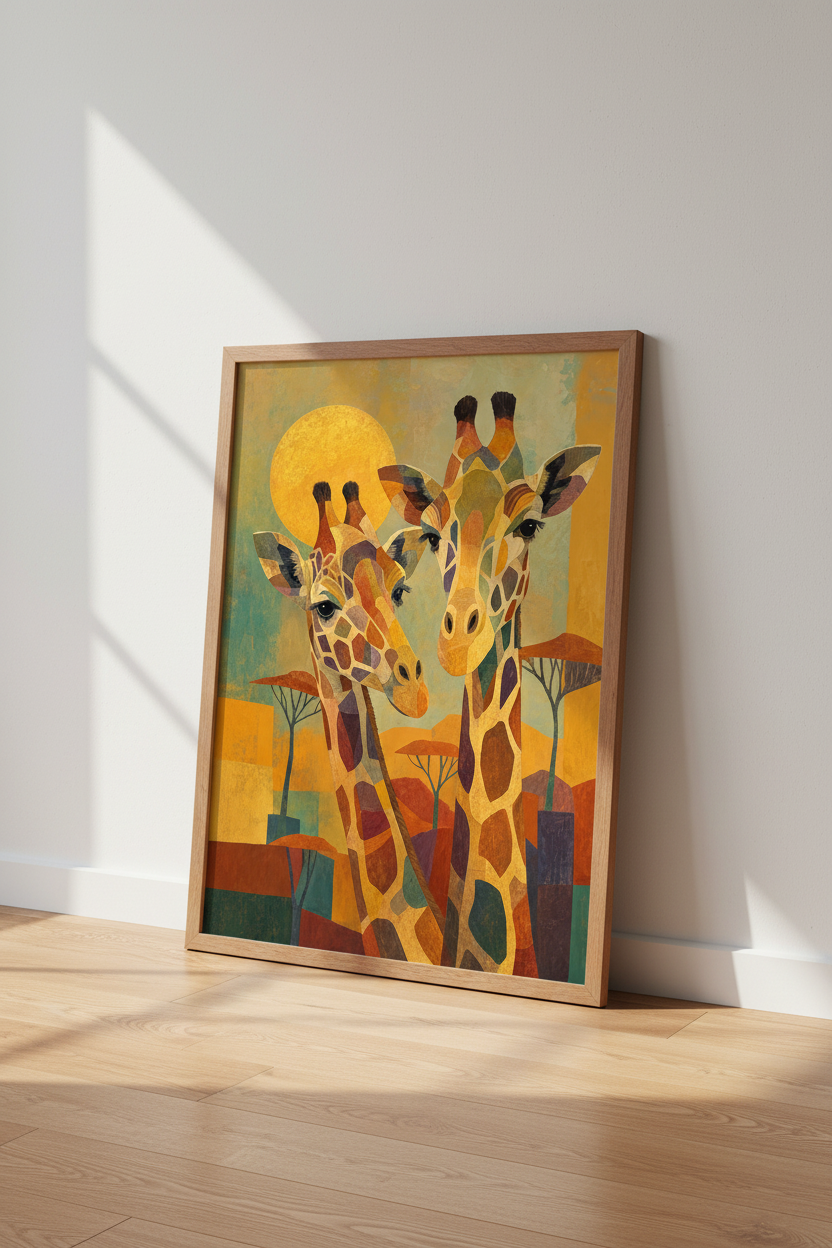 Abstract Giraffe Couple Wall Art | Earthy Mosaic Style, Safari Nursery Decor