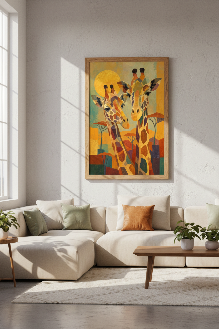 Abstract Giraffe Couple Wall Art | Earthy Mosaic Style, Safari Nursery Decor