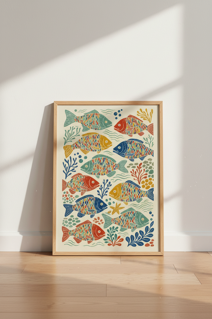 Colorful Fish Block Print Wall Art | Coastal Decor | Nautical Underwater Poster