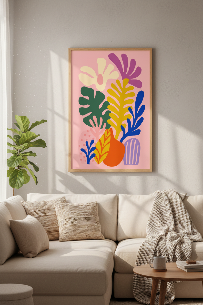Matisse Floral Abstract Wall Art | Pink Colorful Botanical Print | Modern Living Room