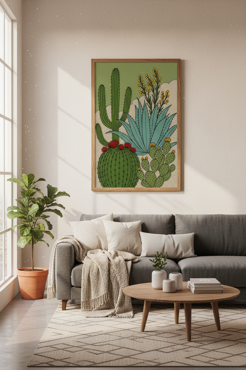 Desert Cactus Garden Art Print | Sage Green Botanical Decor | Mid Century Poster