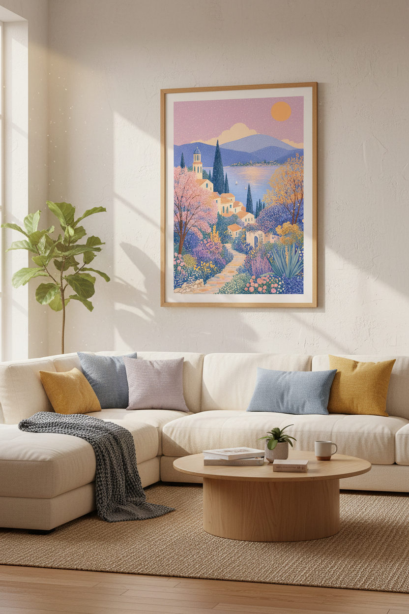 Mediterranean Coastal Village Wall Art | Pastel Landscape Decor | Whimsical Poster