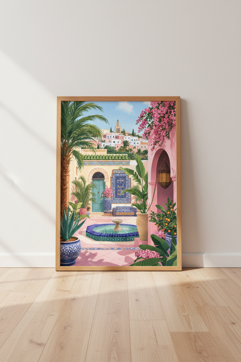 Moroccan Courtyard Art | Pink & Blue Mediterranean Riad, Tropical Boho Decor