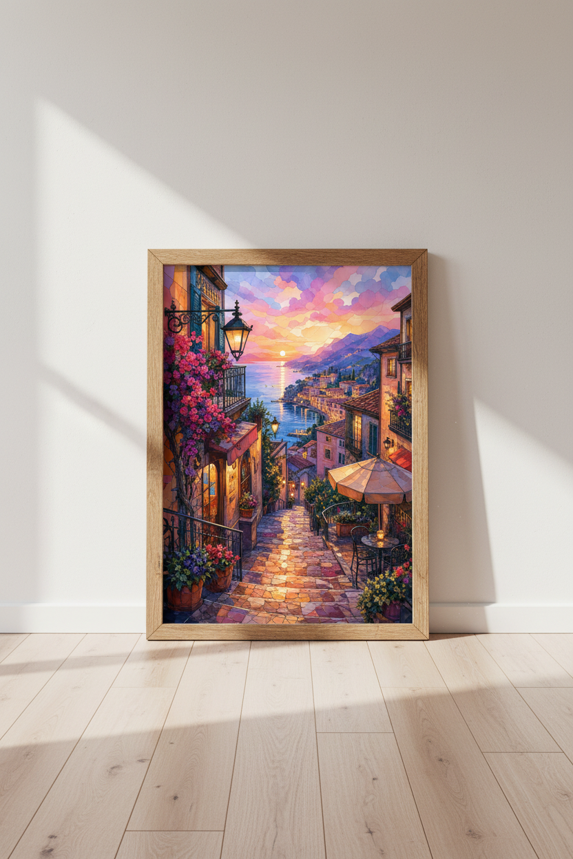 Amalfi Coast Sunset Wall Art | Italian Village Landscape, Mediterranean Decor