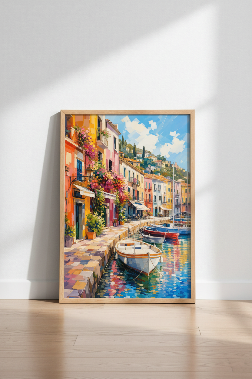 Italian Coastal Town Wall Art | Mediterranean Harbor | Vibrant Summer Decor