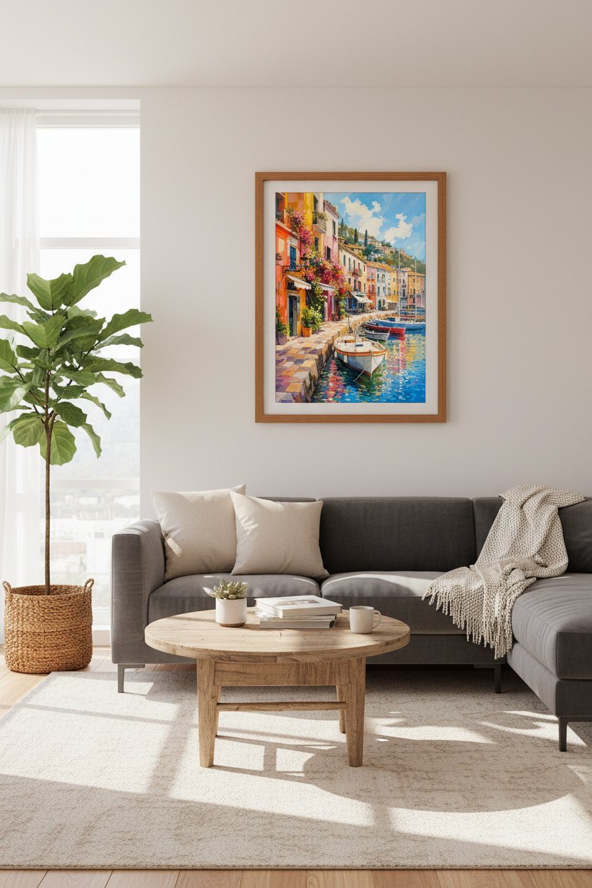 Italian Coastal Town Wall Art | Mediterranean Harbor | Vibrant Summer Decor