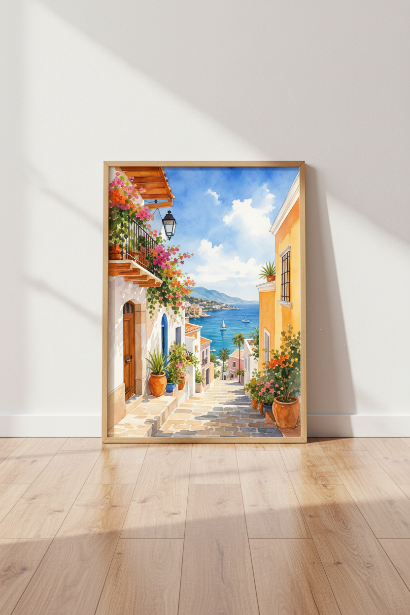 Coastal Mediterranean Village Art | Watercolor Ocean View, Summer Home Decor