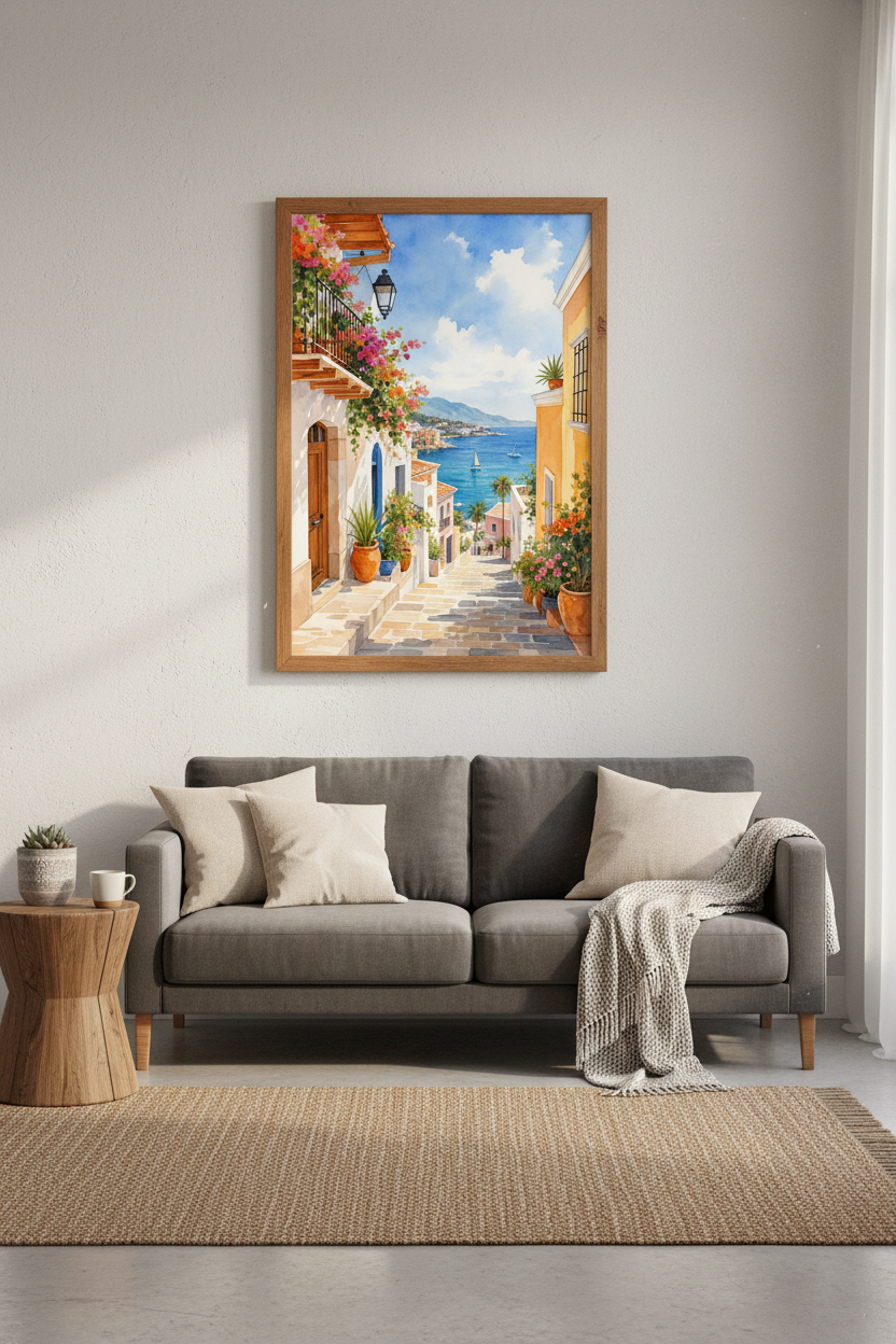 Coastal Mediterranean Village Art | Watercolor Ocean View, Summer Home Decor