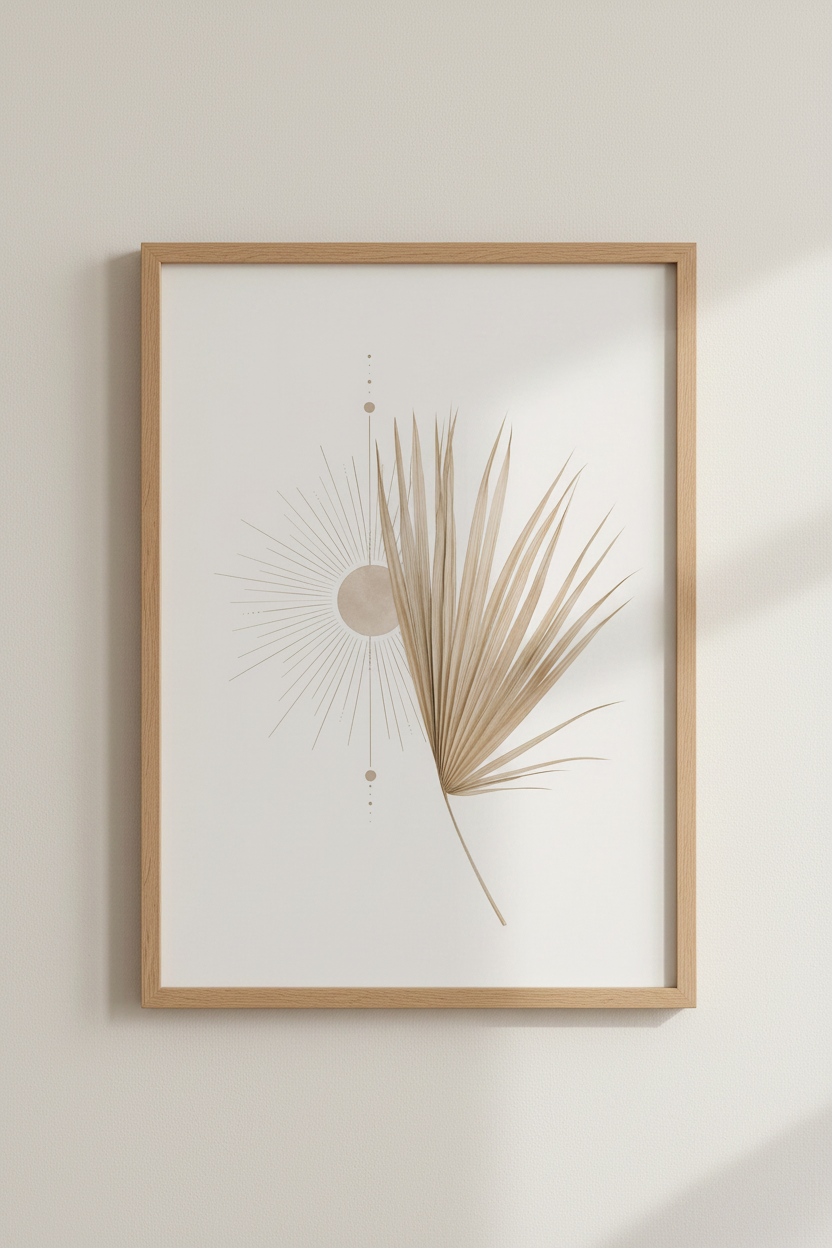 Boho Palm Leaf & Sun Wall Art | Neutral Beige Celestial Decor | Minimalist Poster