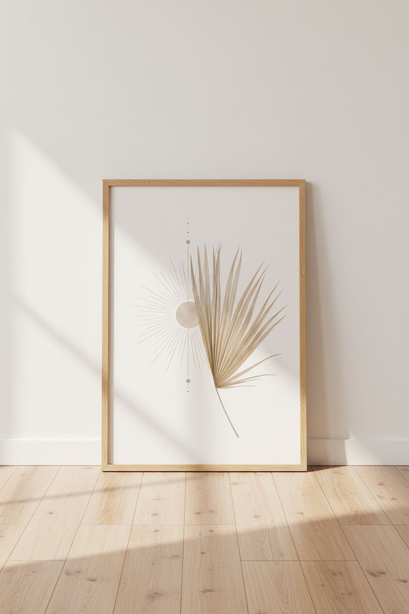 Boho Palm Leaf & Sun Wall Art | Neutral Beige Celestial Decor | Minimalist Poster