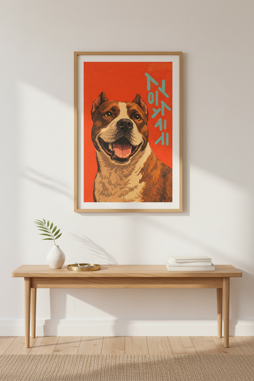 Retro Smiling Pitbull Wall Art Print | Bold Orange Background