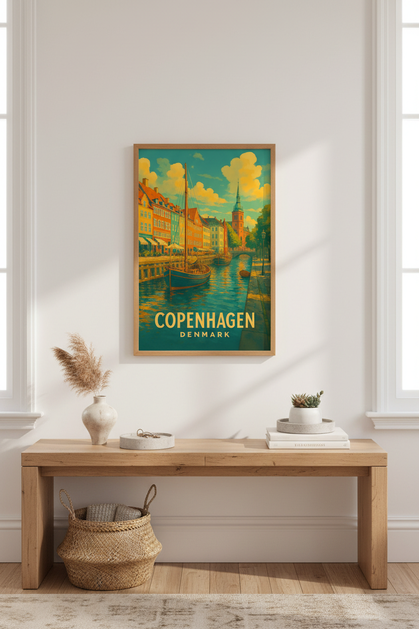 Retro Travel Copenhagen Wall Art Print | Vibrant Cityscape Decor | Denmark Poster | Framed Unframed Digital