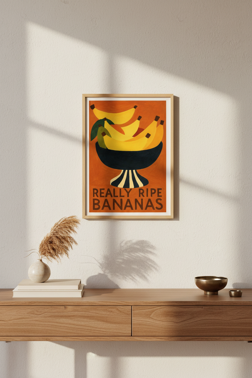Retro Fruit Bowl Wall Art Print | Kitchen Dining Room Decor | Mid Century Modern Food Poster | Framed Bananas Art