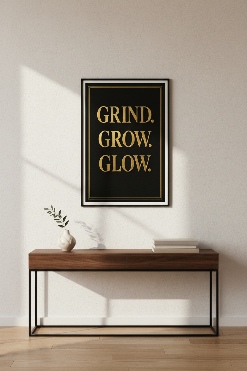Grind Grow Glow Wall Art Print | Motivational Home Decor | Gold Quote Poster | Inspirational Art Print Success Entrepreneur Gift