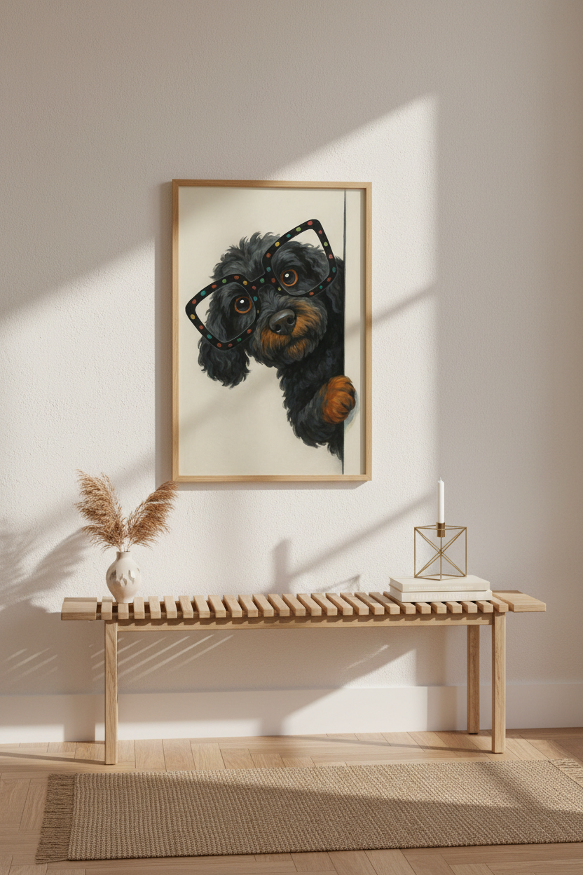 Nerd Dog Peeking Wall Art | Cute Black Doodle with Glasses Poster Print | Whimsical Pet Home Decor Gift | Animal Art Print