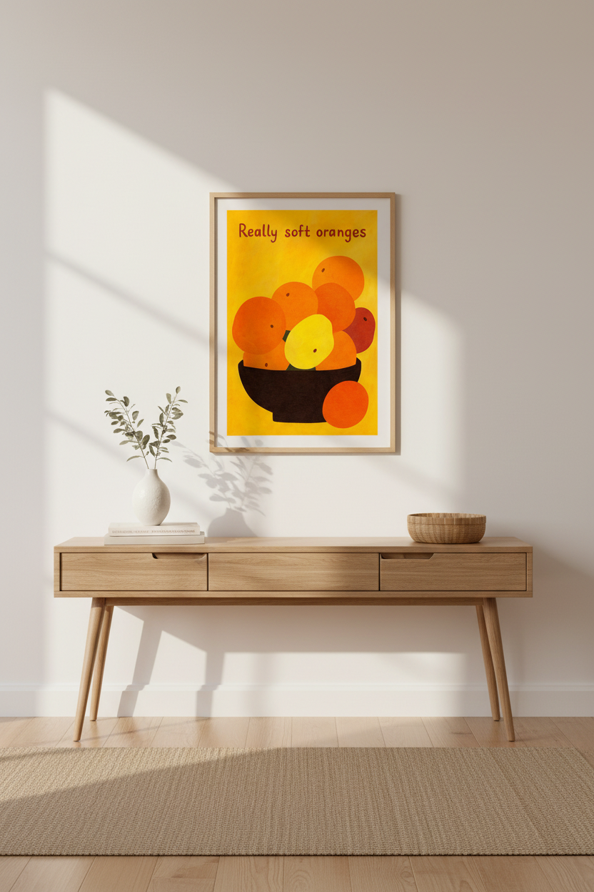 Minimalist Orange Bowl Framed Wall Art Print | Kitchen Decor | Whimsical Fruit Poster | Ready to Hang Citrus Art
