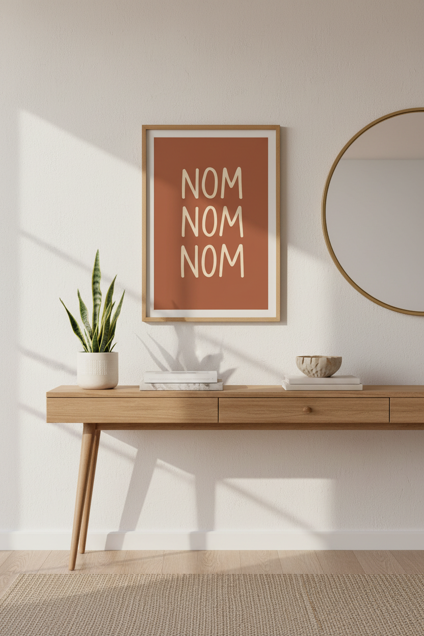 Nom Nom Nom Wall Art Print | Kitchen Dining Room Decor | Foodie Aesthetic Poster | Cute Fun Prints | Unframed Digital Framed