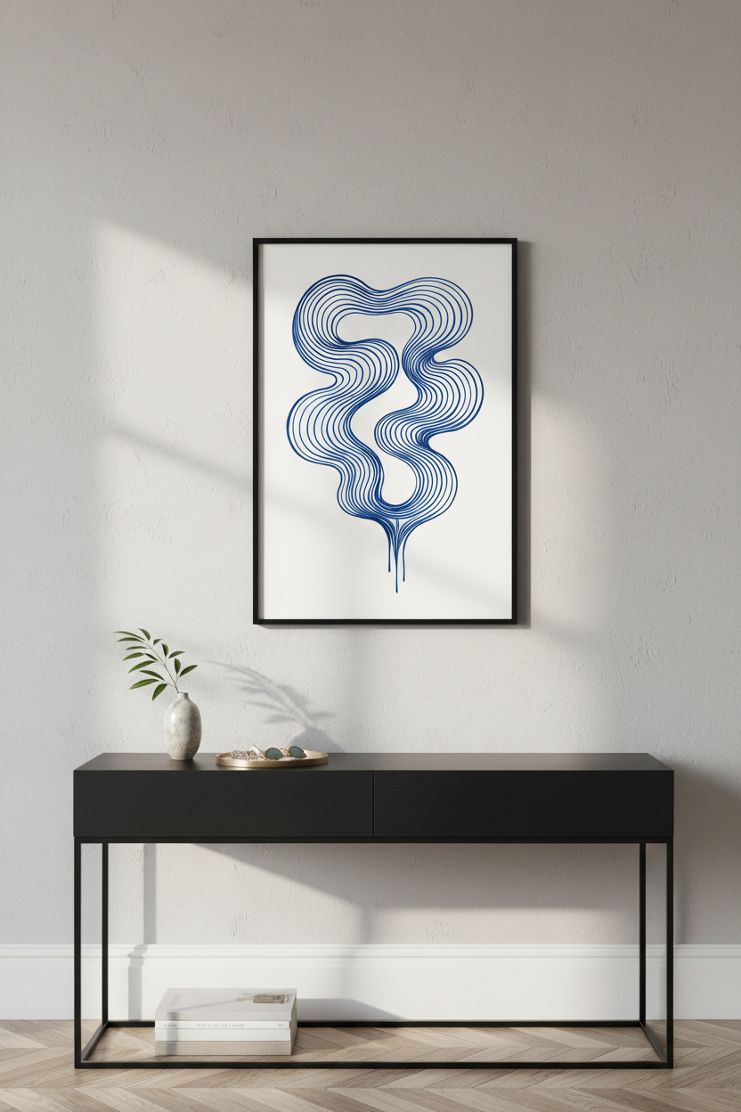 Abstract Wavy Line Art Print | Navy Blue Minimalist Wall Decor | Modern Living Room Poster | Aesthetic Ocean Vibes