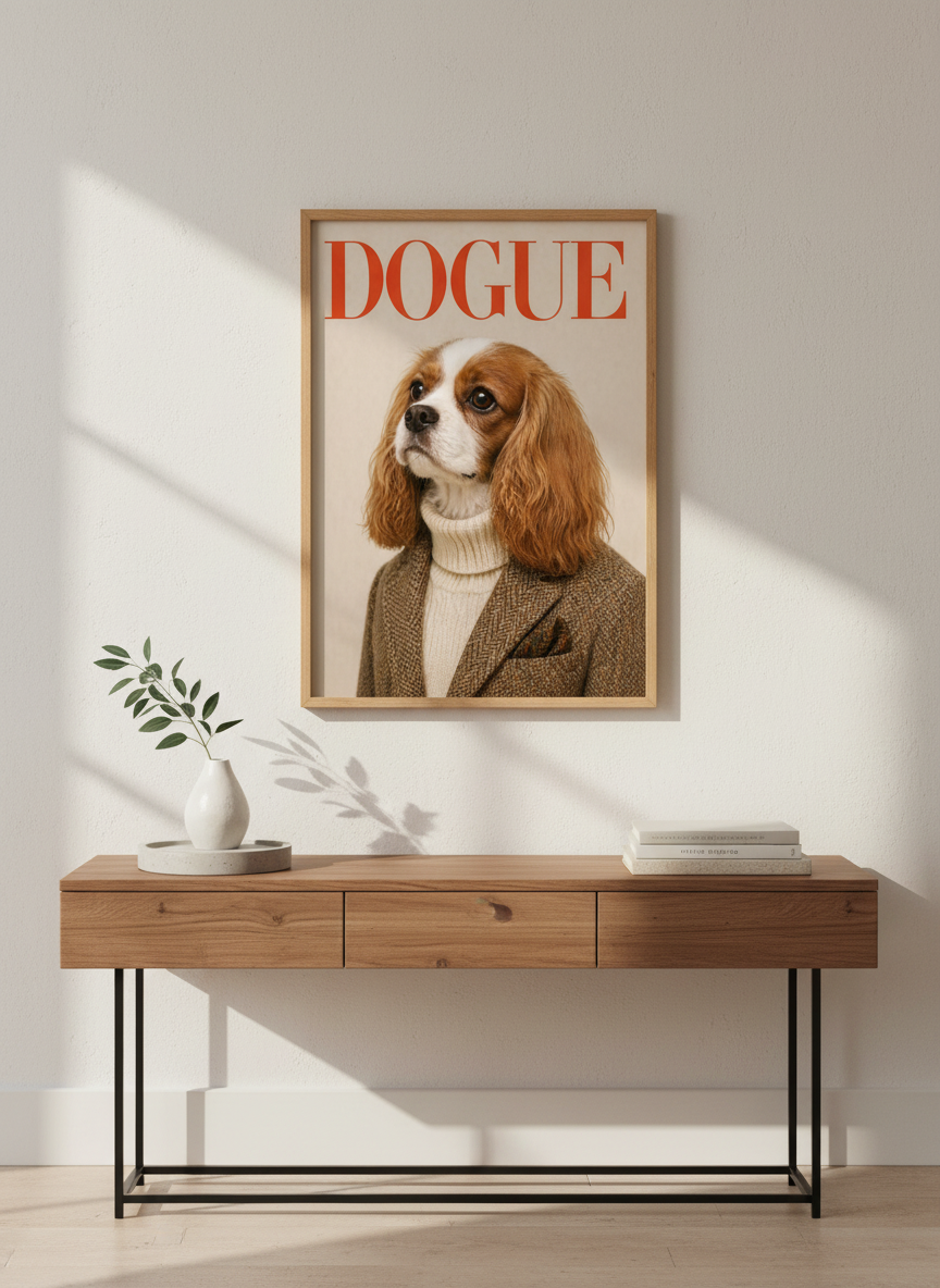 Humorous Cavalier King Charles Dog Art Print | Dogue Magazine Framed Wall Art | Dog Lover Gift | Aesthetic Home Decor
