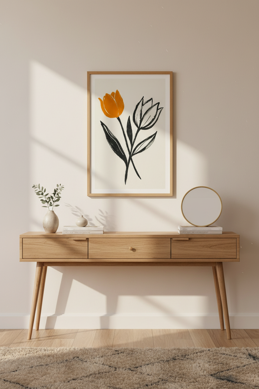 Minimalist Floral Framed Art Print | Boho Abstract Tulip Wall Decor | Orange & Black Botanical Ready to Hang Poster