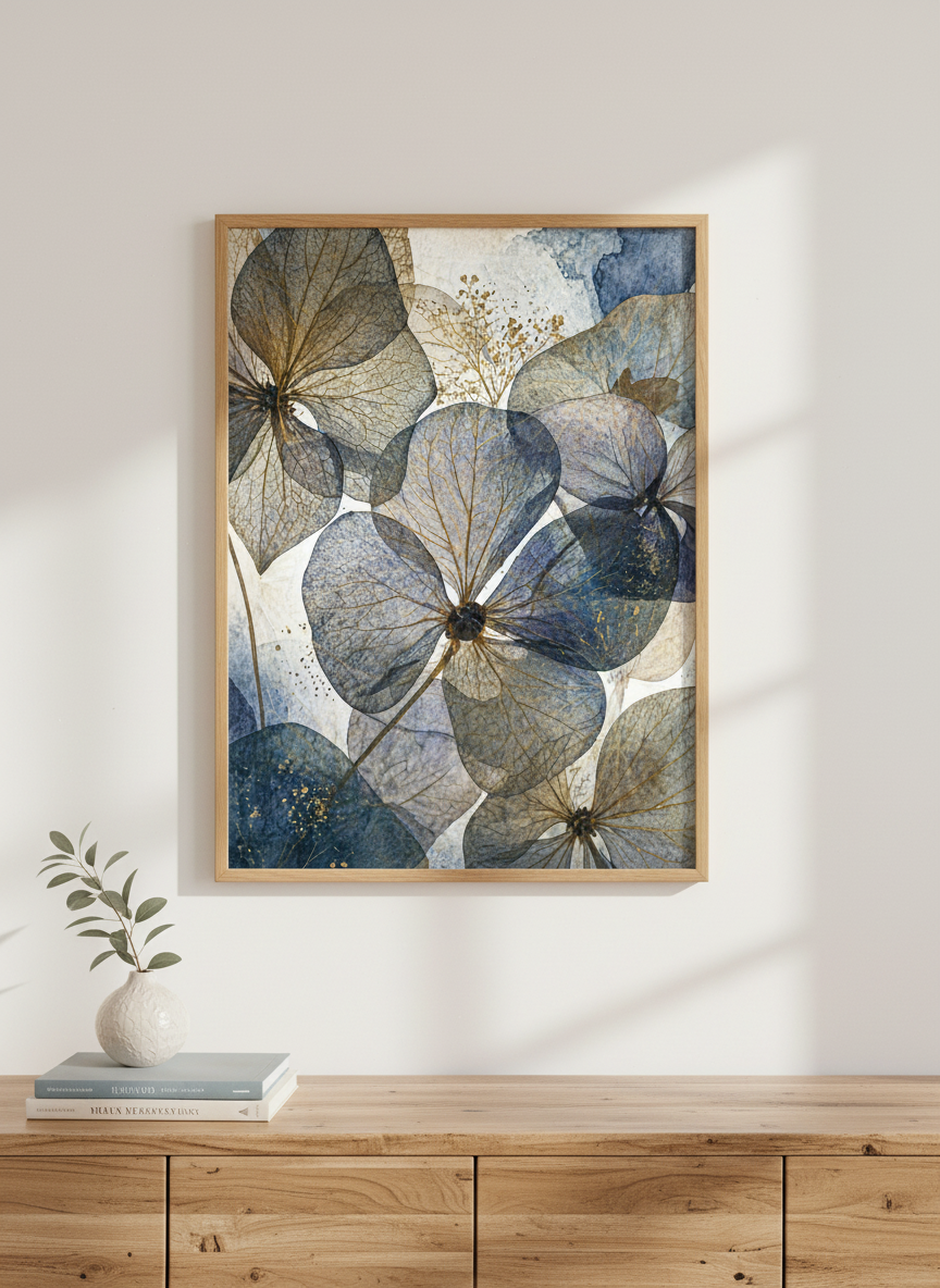 Pressed Botanical Hydrangea Print | Blue Gold Floral Abstract Art, Bedroom Decor