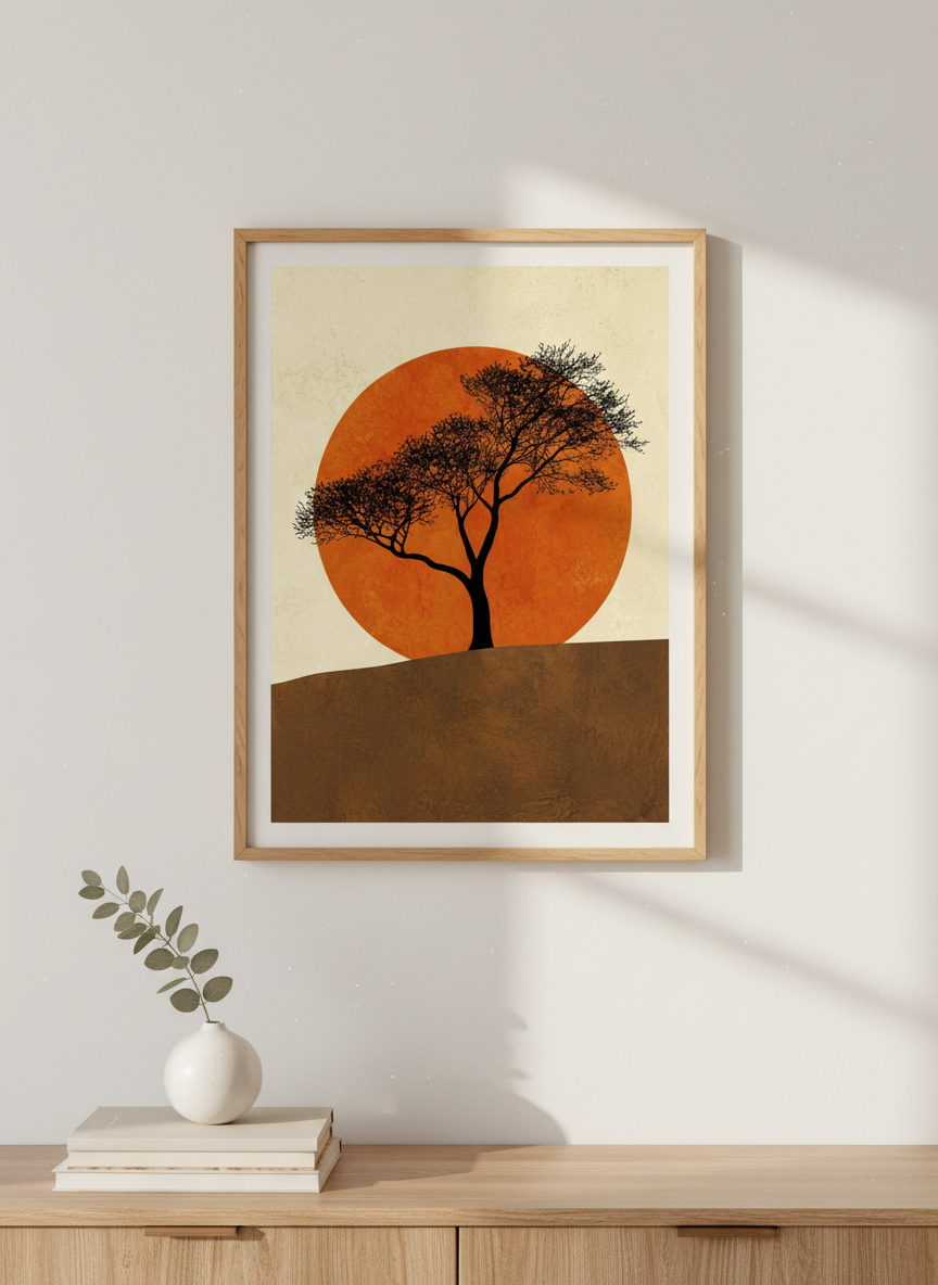 Minimalist Tree Sunset Wall Art | Boho Decor | Rustic Landscape Poster Print